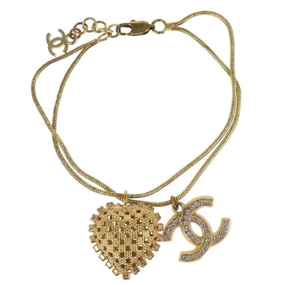 Chanel Heart CC Chain Bracelet Gold Rhinestone 01P - Picture 1 of 4